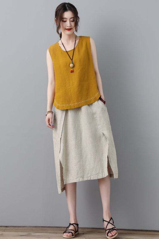 linen midi women summer natural A line skirt C2306