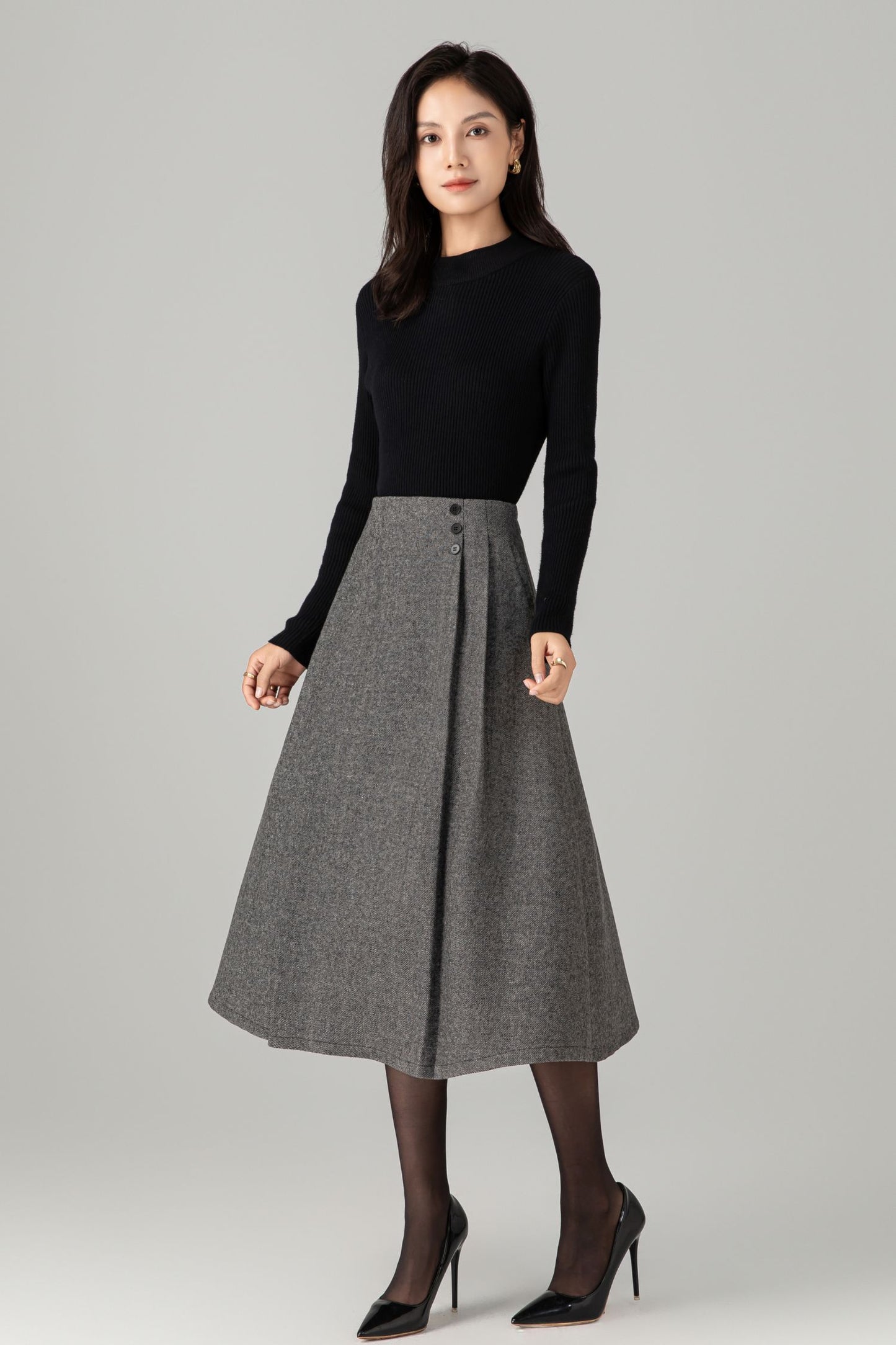 A line gray midi winter wool skirt C5277