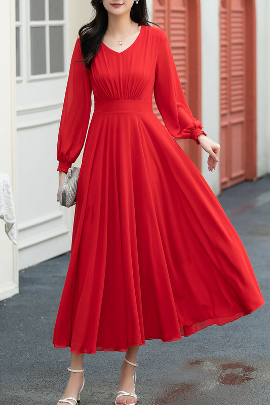 red fit and flare long chiffon dress C5039