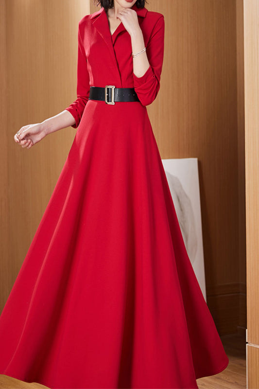 Red long-sleeved suit collar long dress C4177