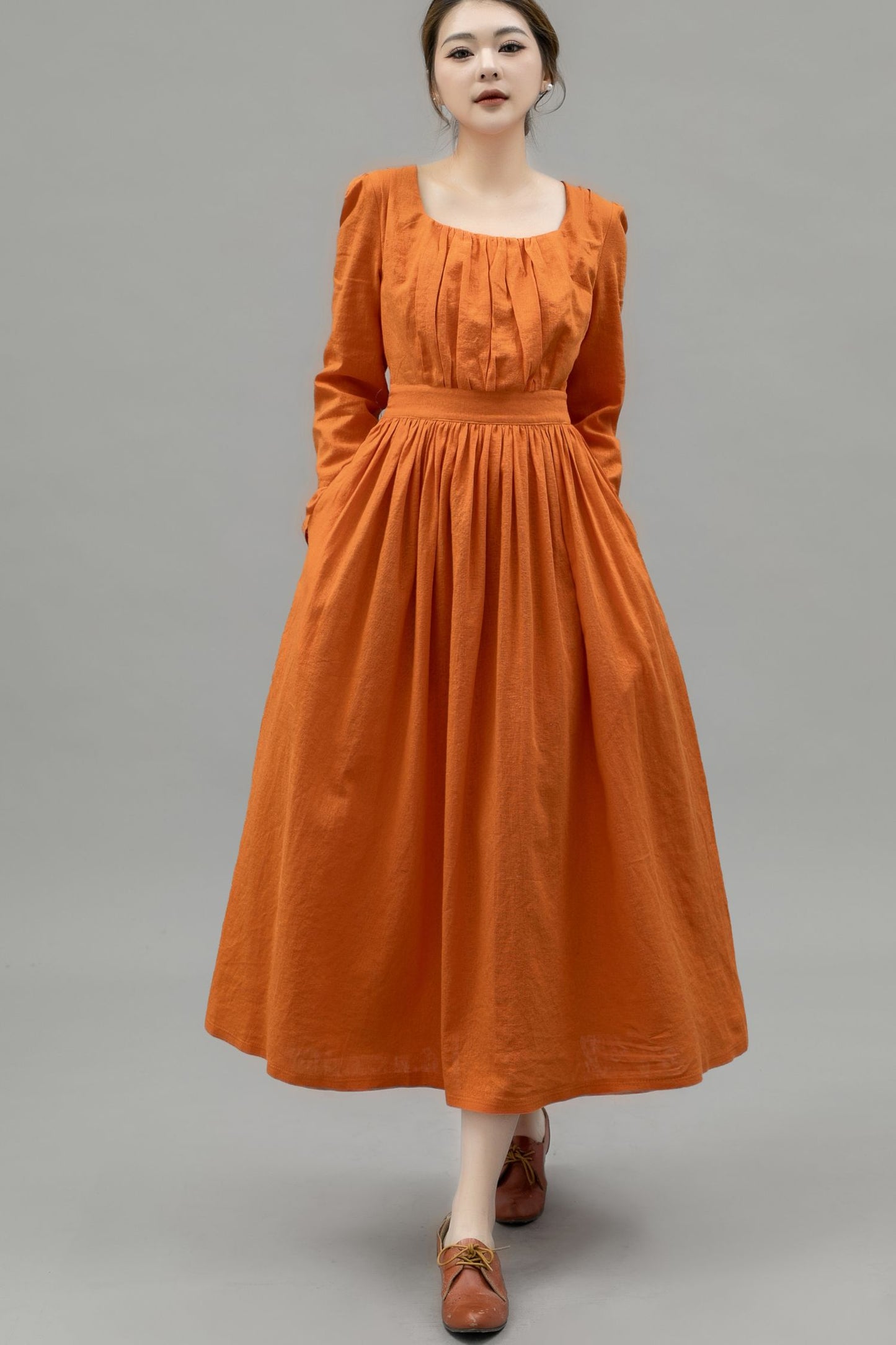 Light Orange Spring Linen Dress Women C4747