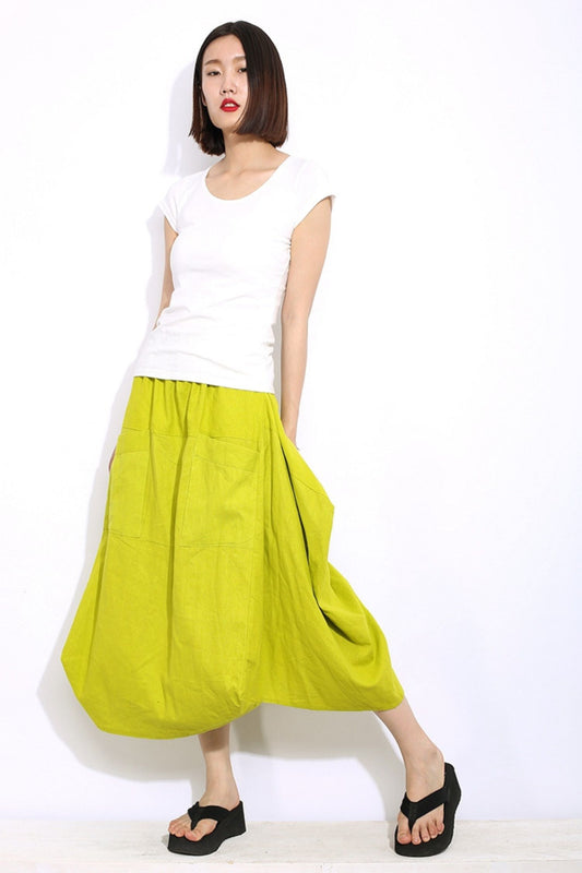 yellow midi linen asymmetrical skirt C338