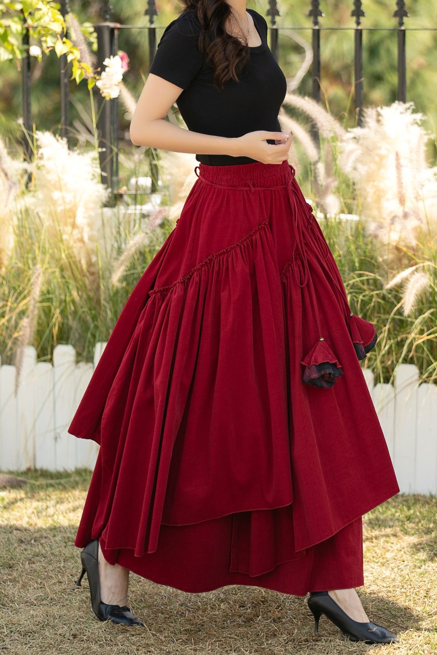 Red Corduroy Maxi Skirt – Elastic Waist Handmade Cotton Boho Skirt, Ylistyle C5441