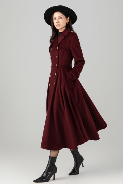 Burgundy winter long warm wool coat C5271