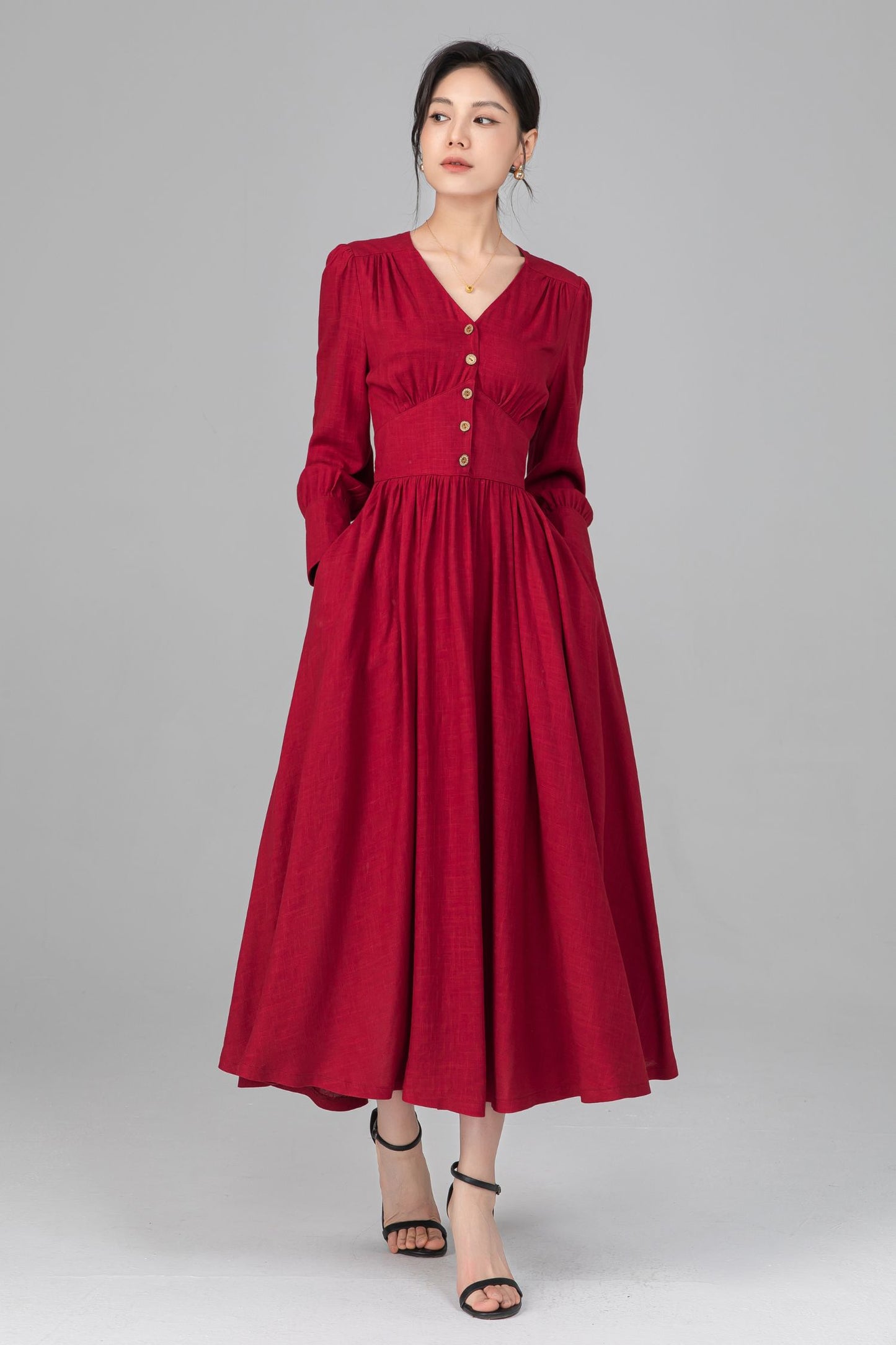 Red Linen Midi Dress - Button Front, V-Neck, Long Sleeve c5516