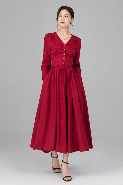 Red Linen Midi Dress - Button Front, V-Neck, Long Sleeve c5516