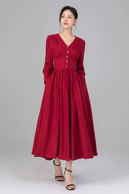 Vintage Inspired Red Linen Dress with Buttons C5516