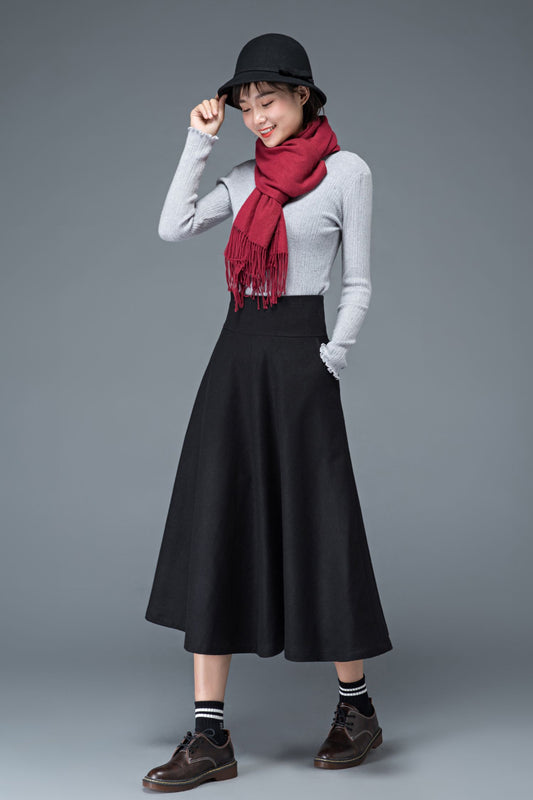 High waist midi a line winter wool skirt C1182