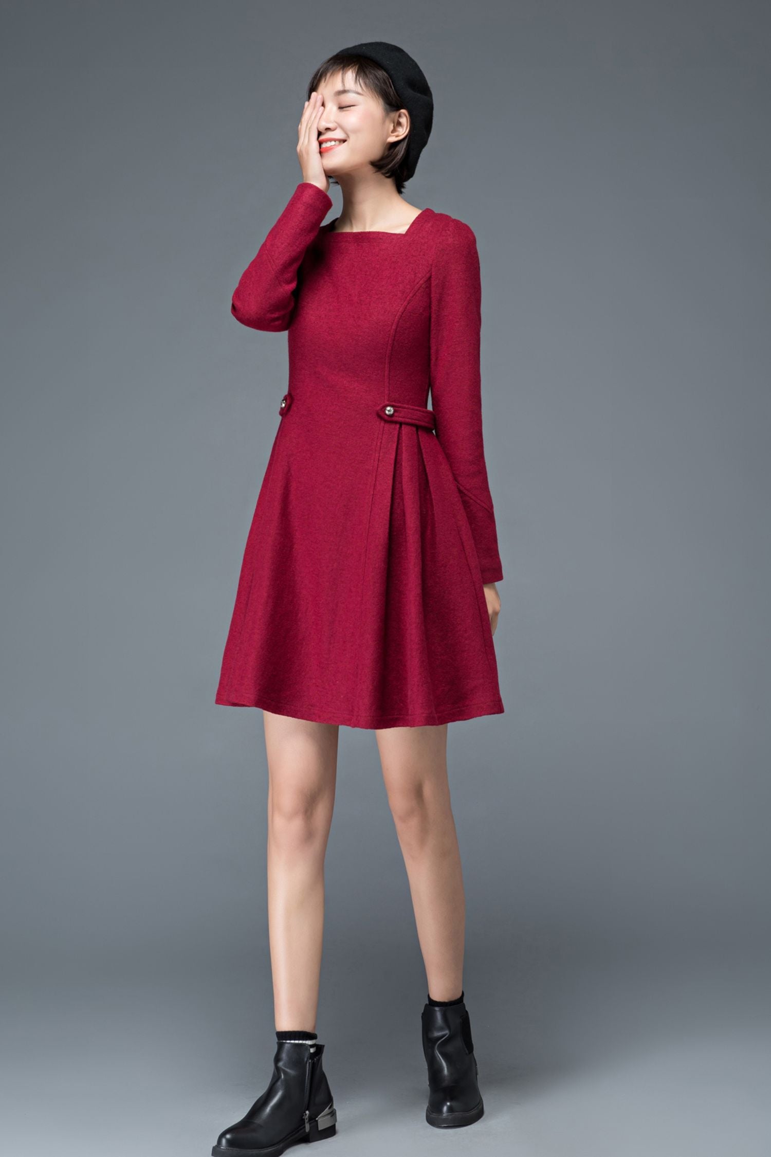 Vintage inspired burgundy short winter wool dress C1200 burgundy / L Vintage inspired burgundy short winter wool dress C1200 burgundy / L