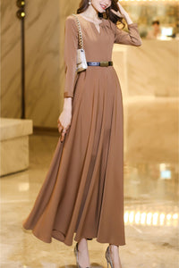 khaki waisted long spring and autumn dress C4183