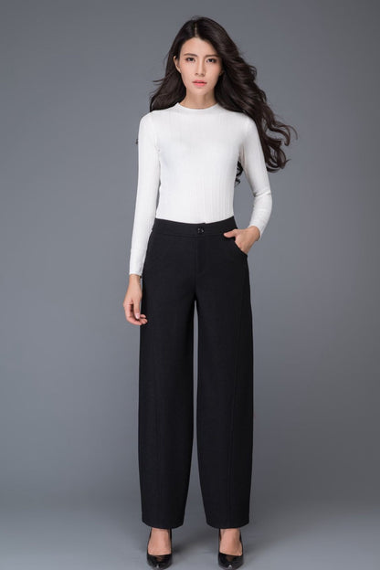 Black loose winter long wool trousers C1016