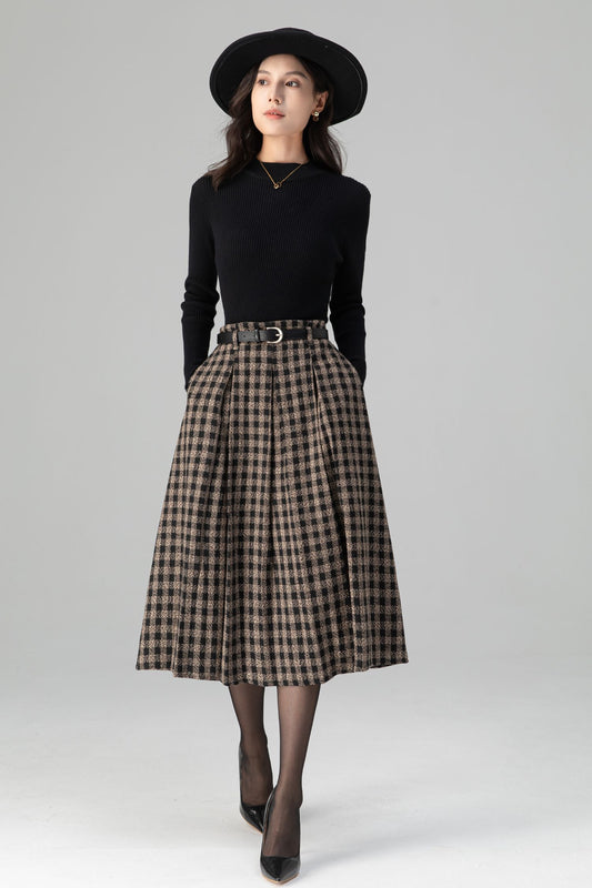 Vintage Pleated Midi Plaid Wool Skirt C5198