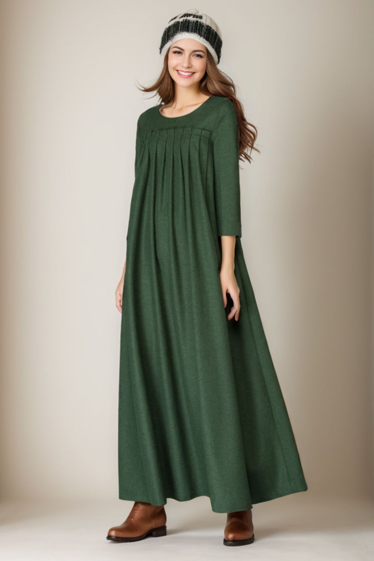 Green Wool winter maxi pleated dress C4273