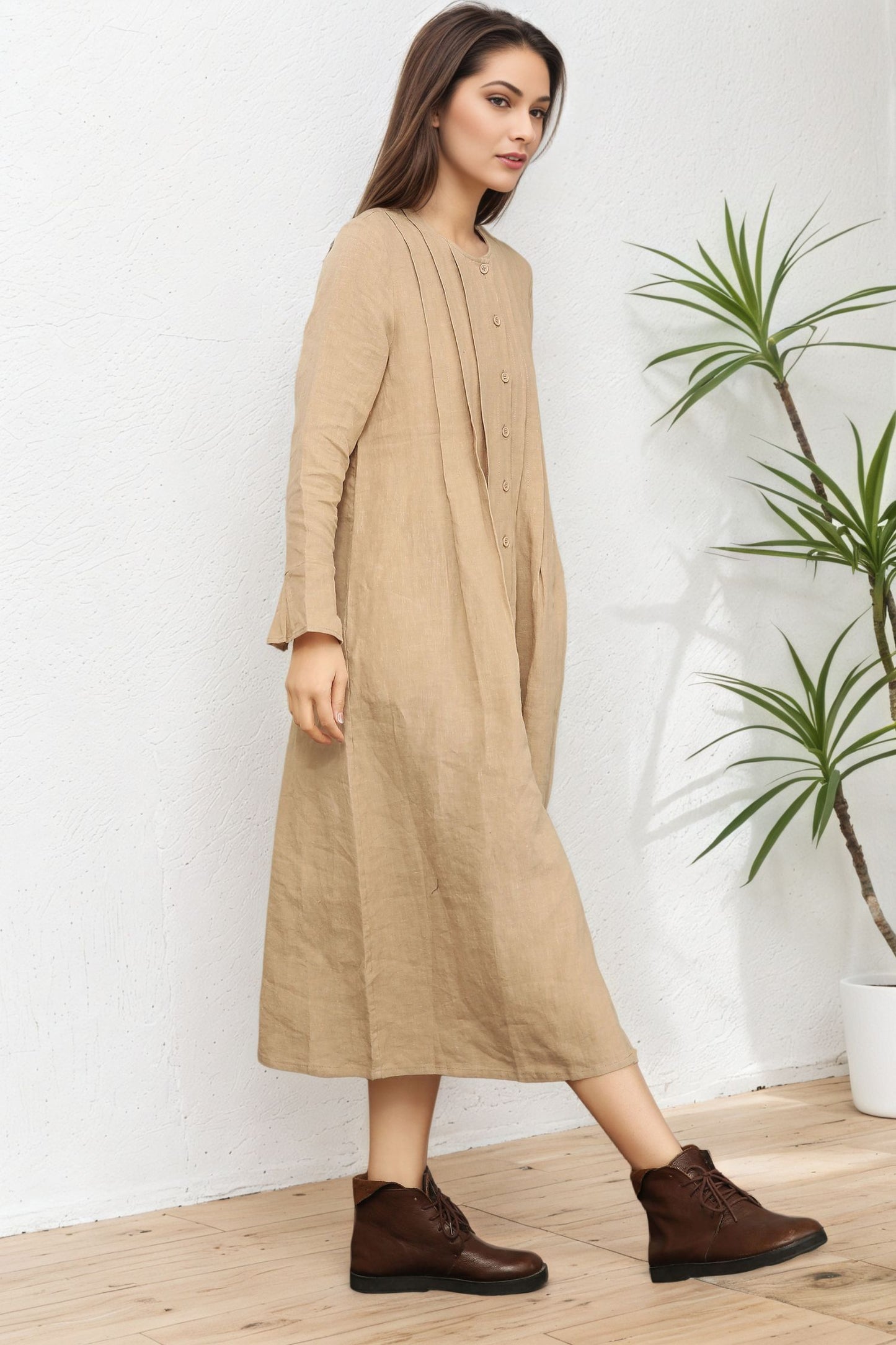 Loose Crew Linen Shirt Dress C5391