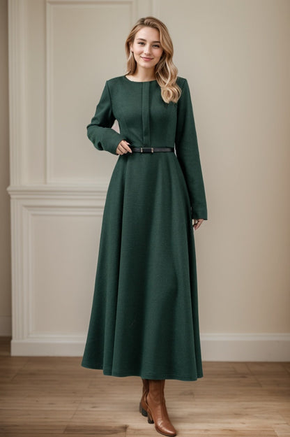 Green maxi winter wool dress women C4443