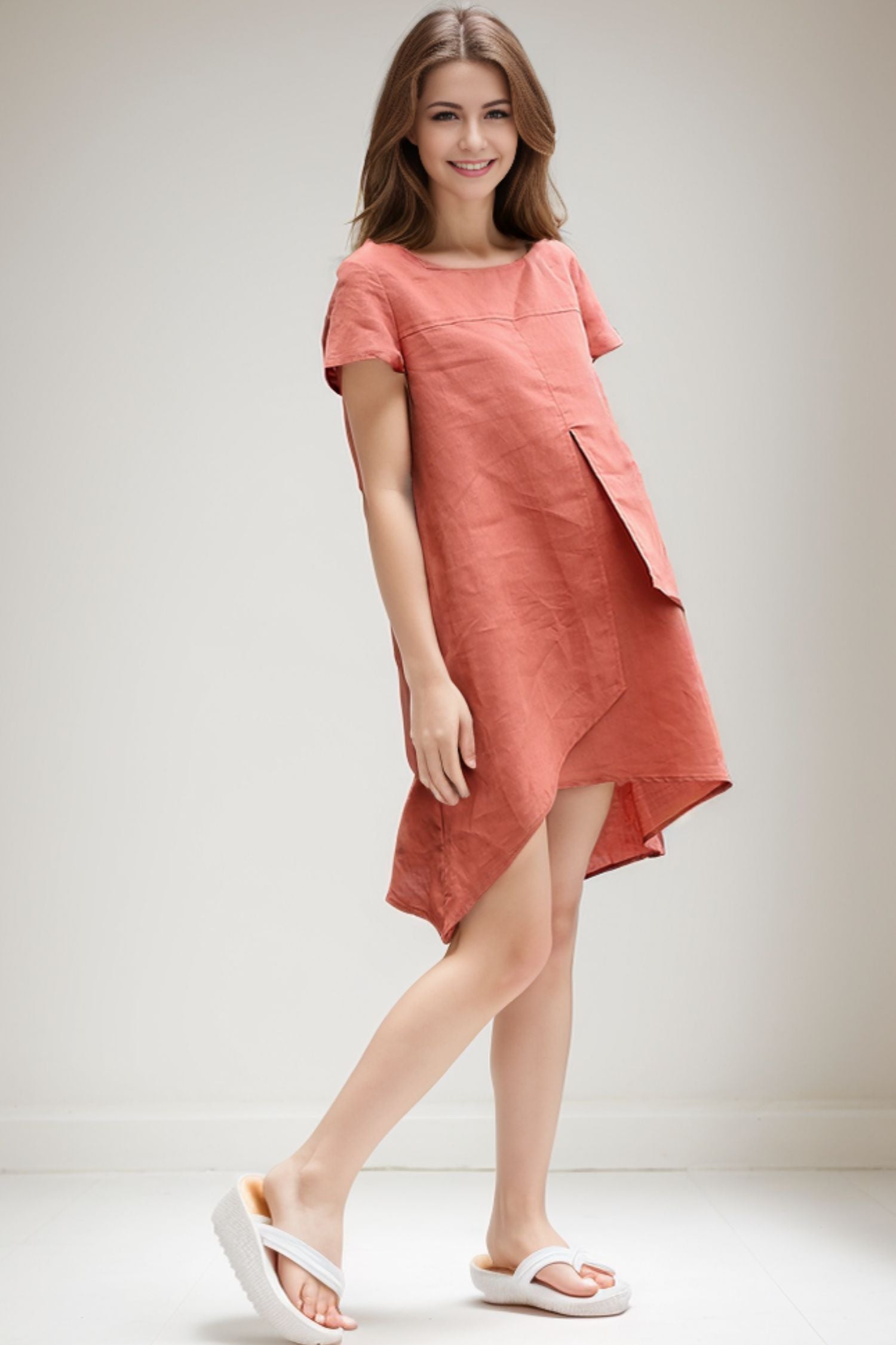 Rust Linen Mini Tunic Dress with Irregular Hem and Short Sleeves Orange / XS