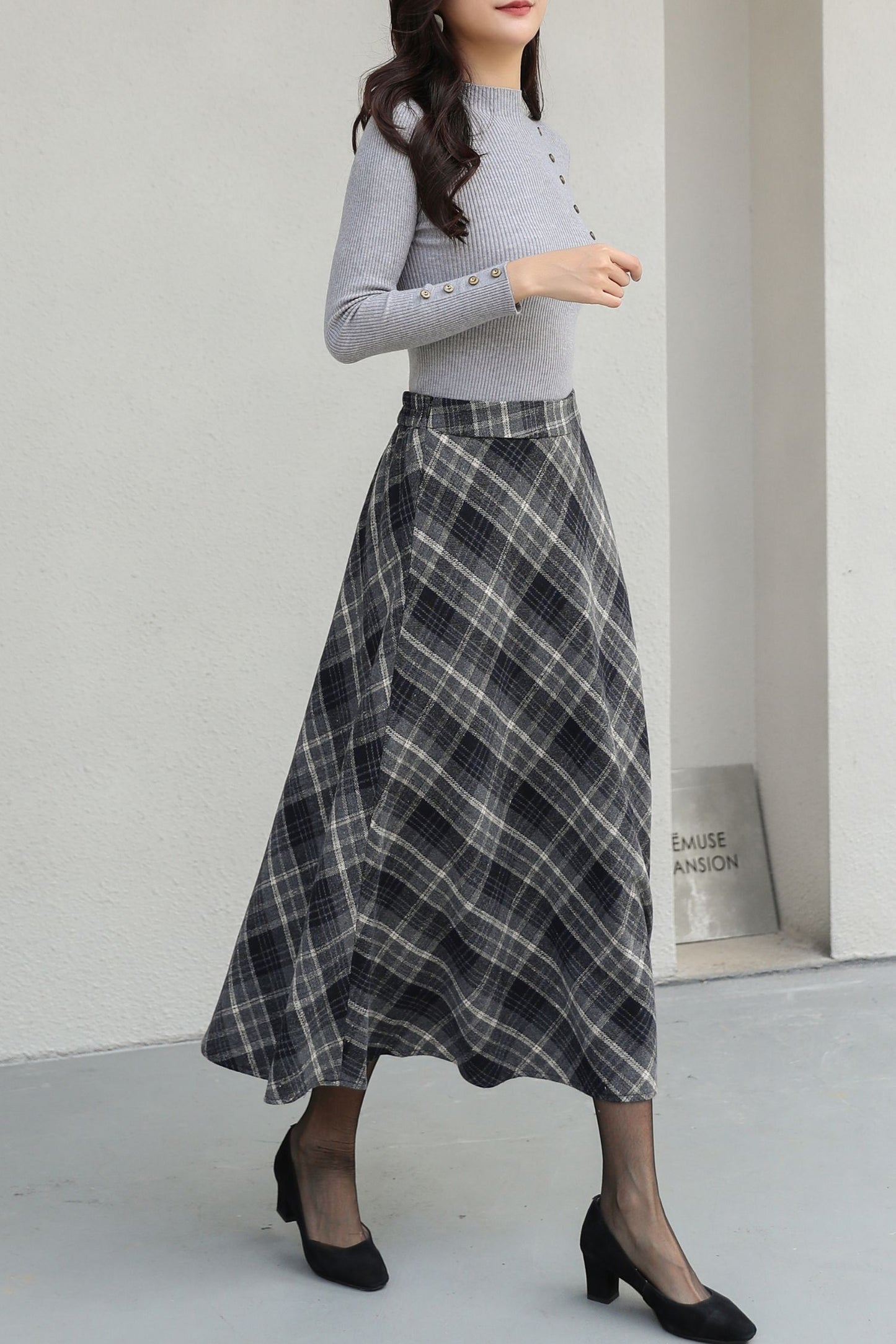 Plus Size Midi Plaid Wool Skirt C5188
