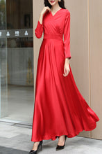 Load image into Gallery viewer, Red long-sleeved V-neck long dress C4178
