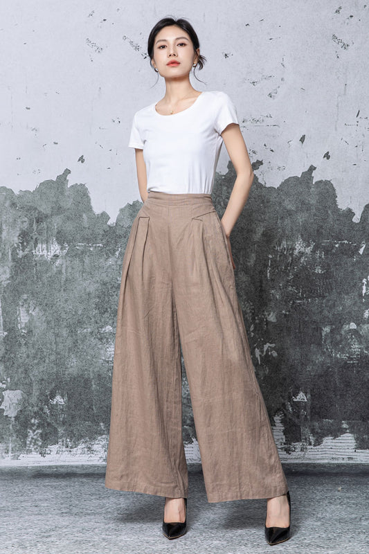 Brown Linen Wide Leg Pants: Long High Waisted Linen Palazzo Trousers, Ylistyle C5465