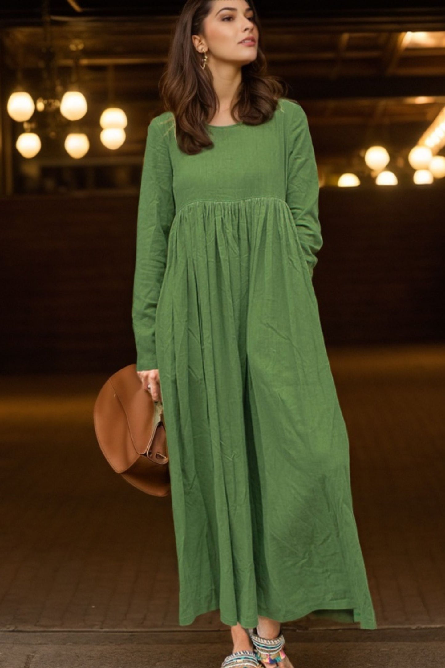 Long-Sleeve Green Linen Maxi Dress C4632