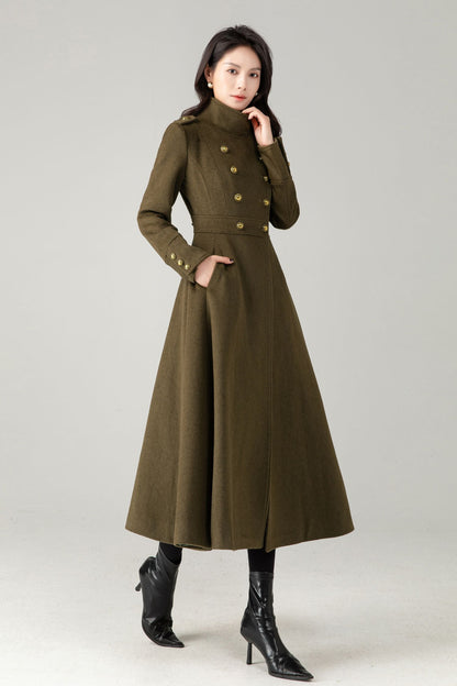 Green Wool Maxi Trench Coat: Double Breasted Long Winter Overcoat C5344