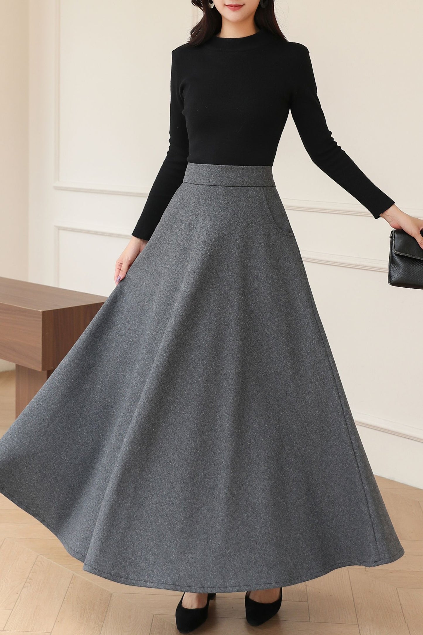 Dark Gray Long A-Line Wool Skirt C5191