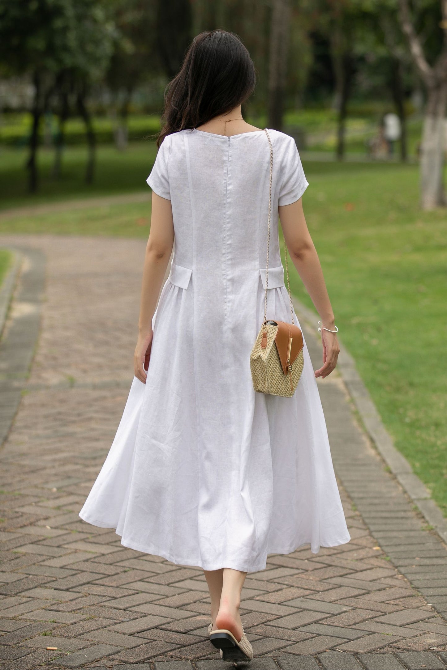 White Linen Midi Casual dress womens C4014