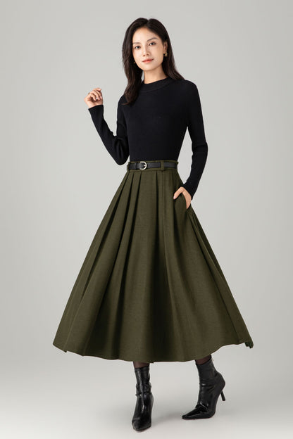 Army green midi winter wool skirt C5276
