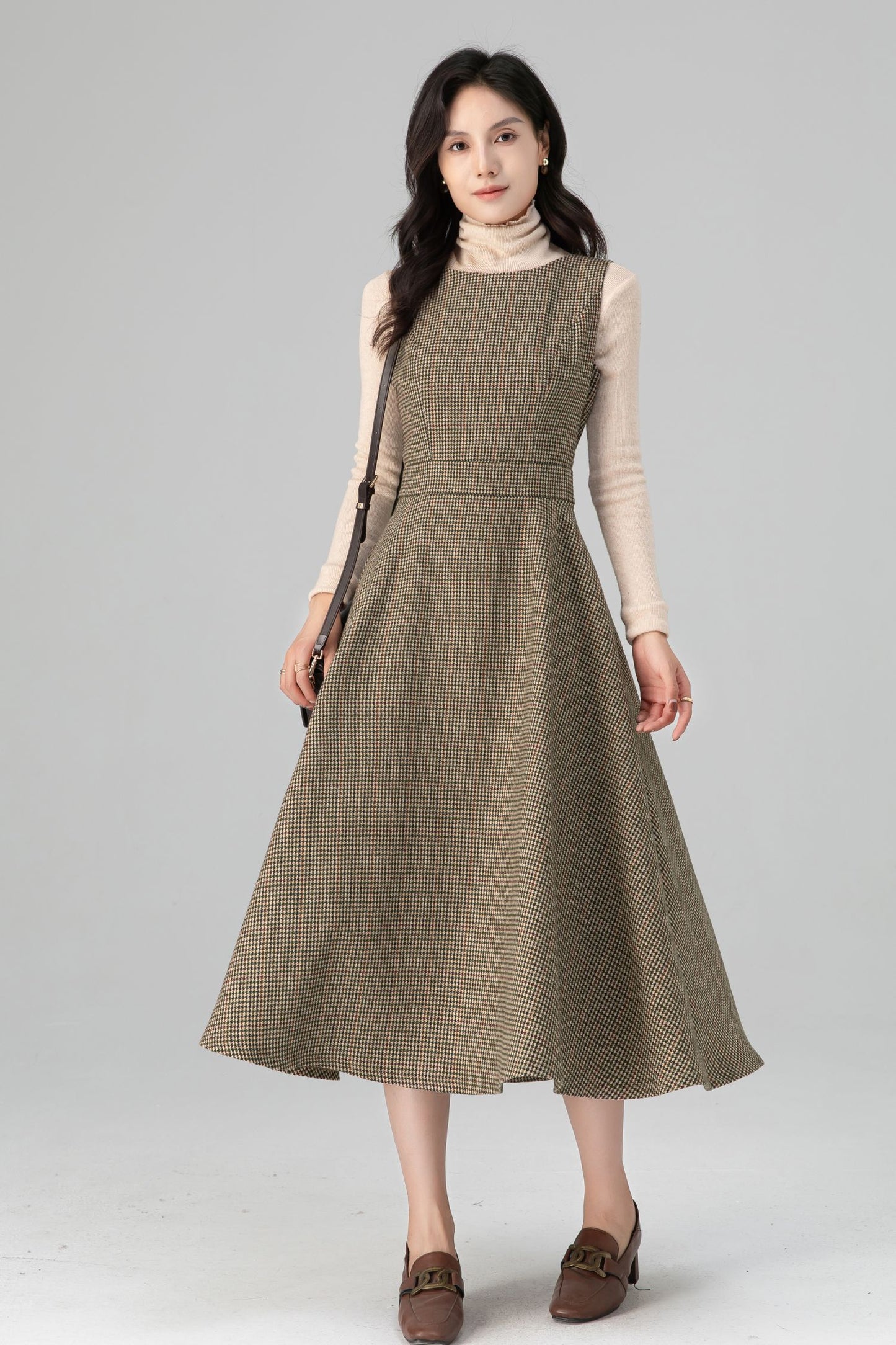 Autumn-Winter Plaid Sleeveless Midi Wool Dress C5206