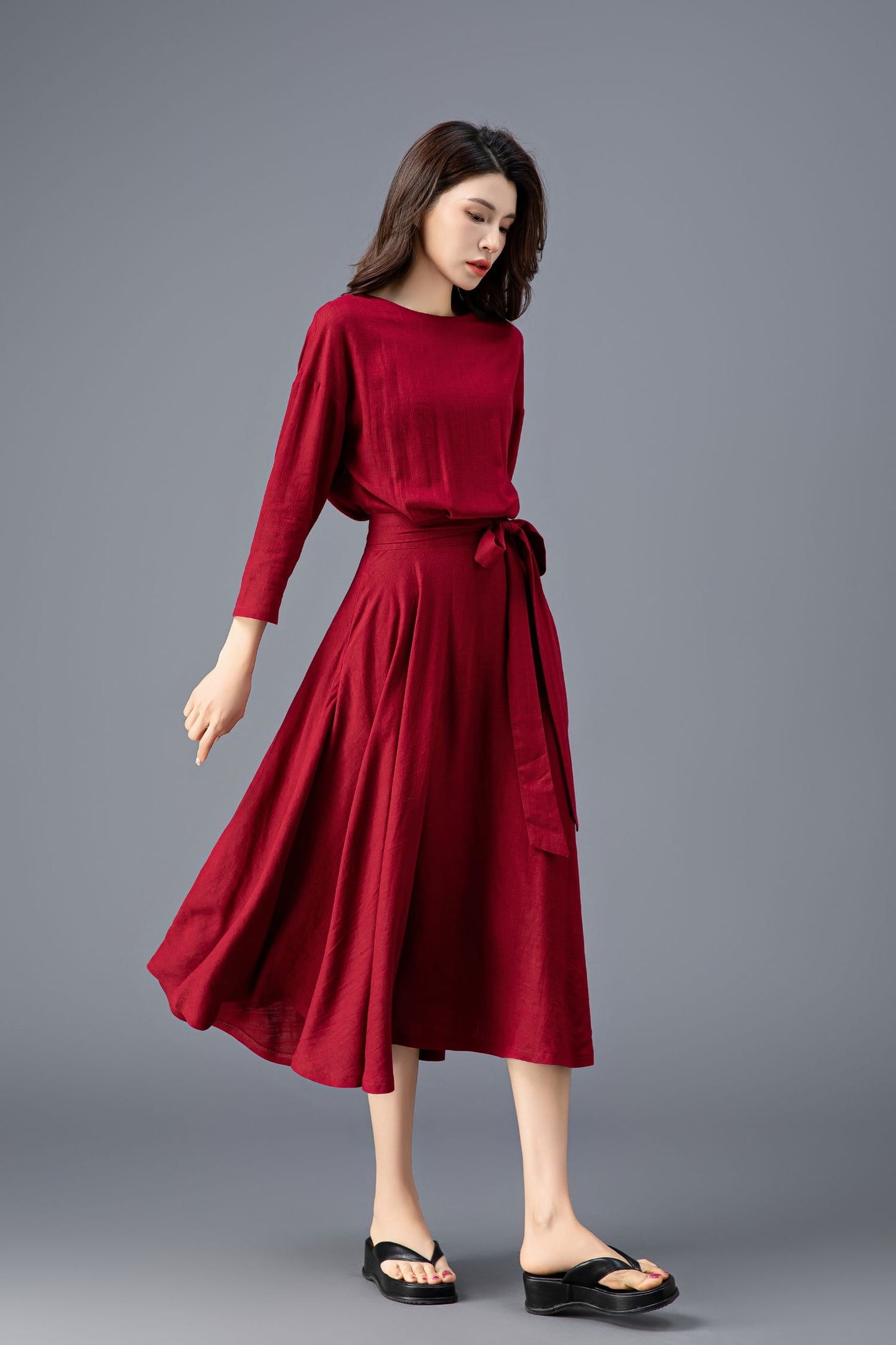 Women's Spring Burgundy Linen belted Dress C3909