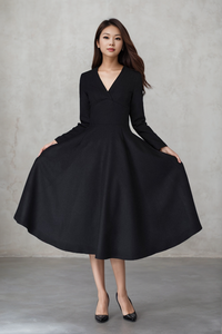 V neck midi winter wool dress C4452