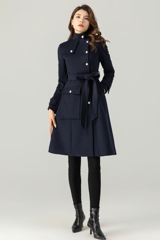 Womens Navy Blue Wool Coat C3699