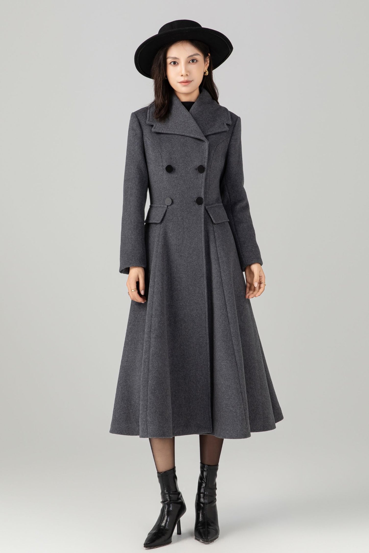 Gray double breasted long wool coat C5270