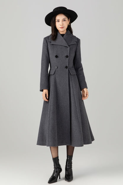 Gray double breasted long wool coat C5270