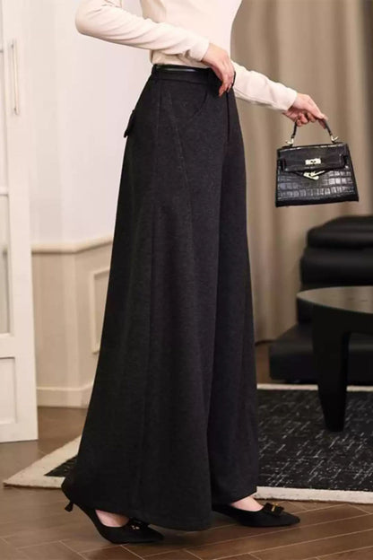 Gray wide leg long wool pants c5091