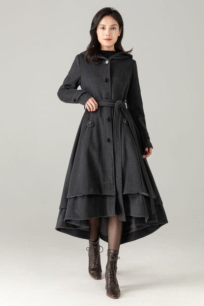 Gray Hooded Wool Blend Coat: Belted High-Low Maxi Swing Winter Overcoat, Ylistyle C5374