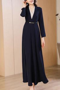 Navy blue spring and autumn V-neck long dress C4174