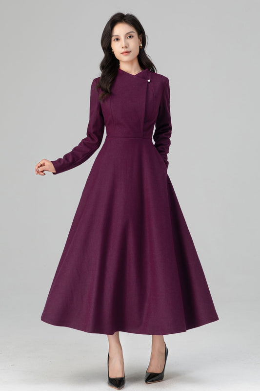Winter Deep Purple Long Swing Wool Dress Women C5207