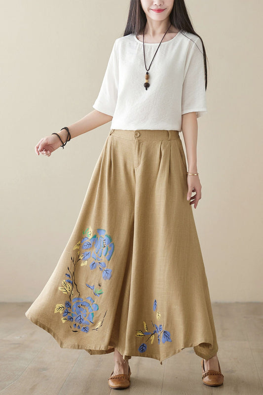 Linen printed pants Women C3959