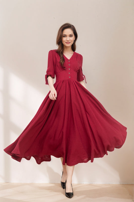 Burgundy fit and flare linen dress C5368