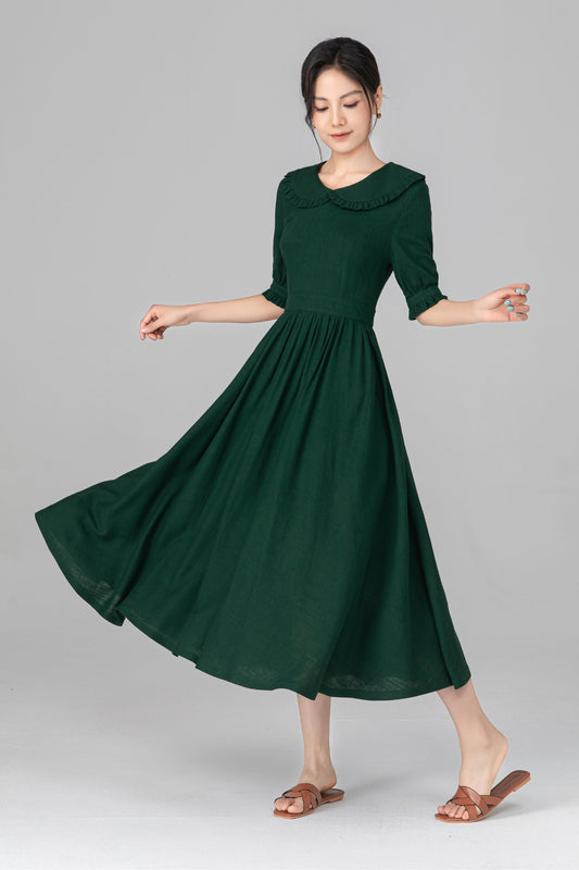 Dark Green Linen Midi Dress with Peter Pan Collar,Modest Short Puff Sleeve Dress C5515