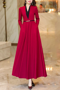 Burgundy spring and autumn V-neck long dress C4175