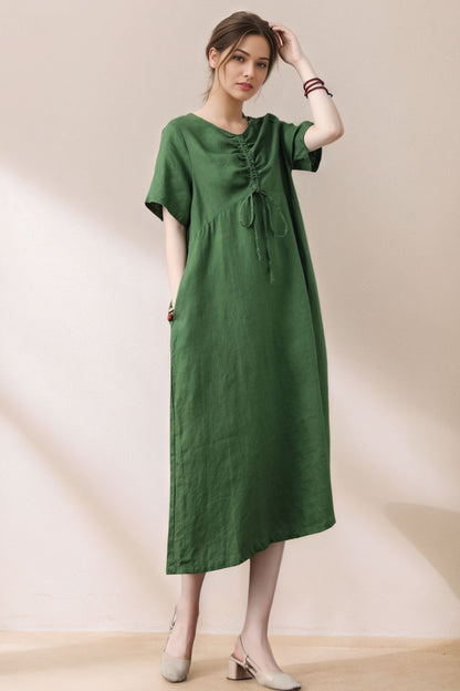Light Green Linen Dress - Loose Fit Midi with Drawstring Detail c5390