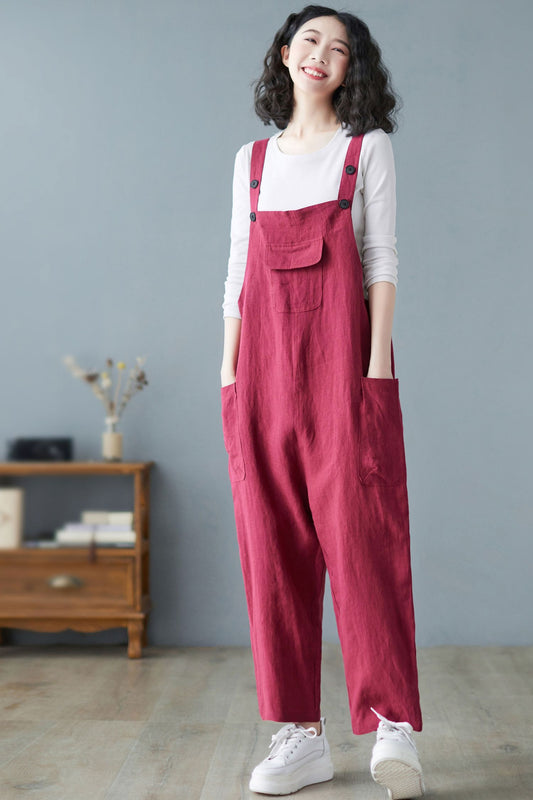 Spring Summer Casual Loose Cropped Linen Overalls C2721