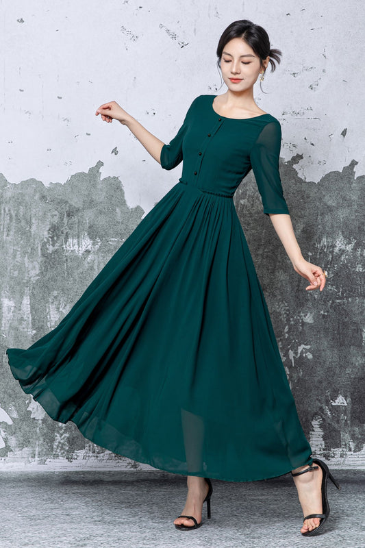 Dark Green Maxi Dress: Long Pleated Swing Summer Dress with Half Sleeves, Ylistyle C5472