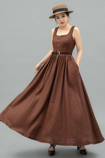 Brown linen Pinafore Maxi Dress C4746