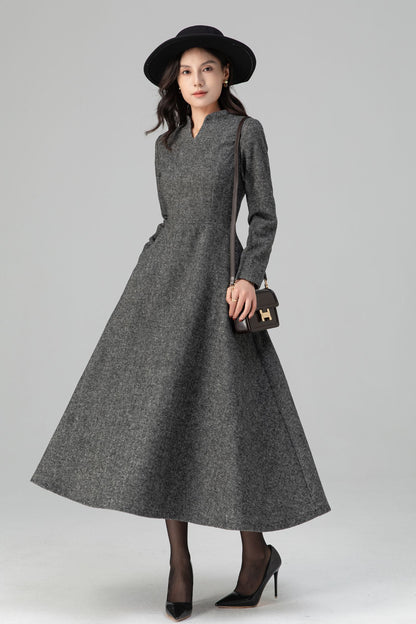 Warm Grey Long Sleeves Wool Maxi Dress C5204