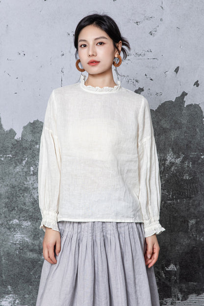 Off-White Linen Blouse - Ruffled Neck and Cuffs with Relaxed Fit c5467