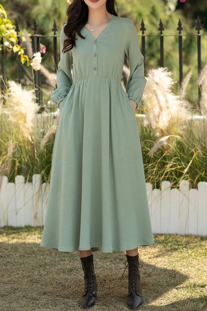 Sage Green Linen Cotton Midi Dress: Vintage Long Sleeve Button Front A-Line Dress, Ylistyle C5435