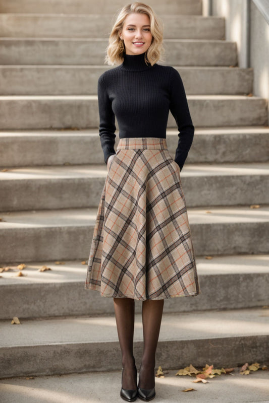 1950s Inspired Midi Wool Plaid Skirt C4356